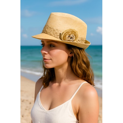 Fedora Straw Hat w/ Lace Trim Corsage - Beige - HT-1184BE
